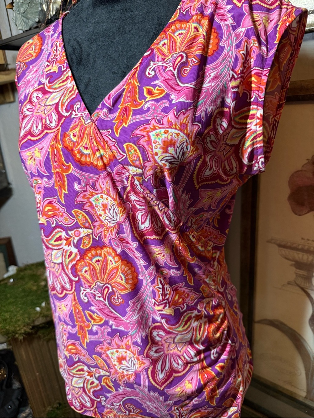 Chaps Paisley Sleeveless Faux Wrap Top Purple Pink Orange Floral •Size L• - Picture 5 of 10